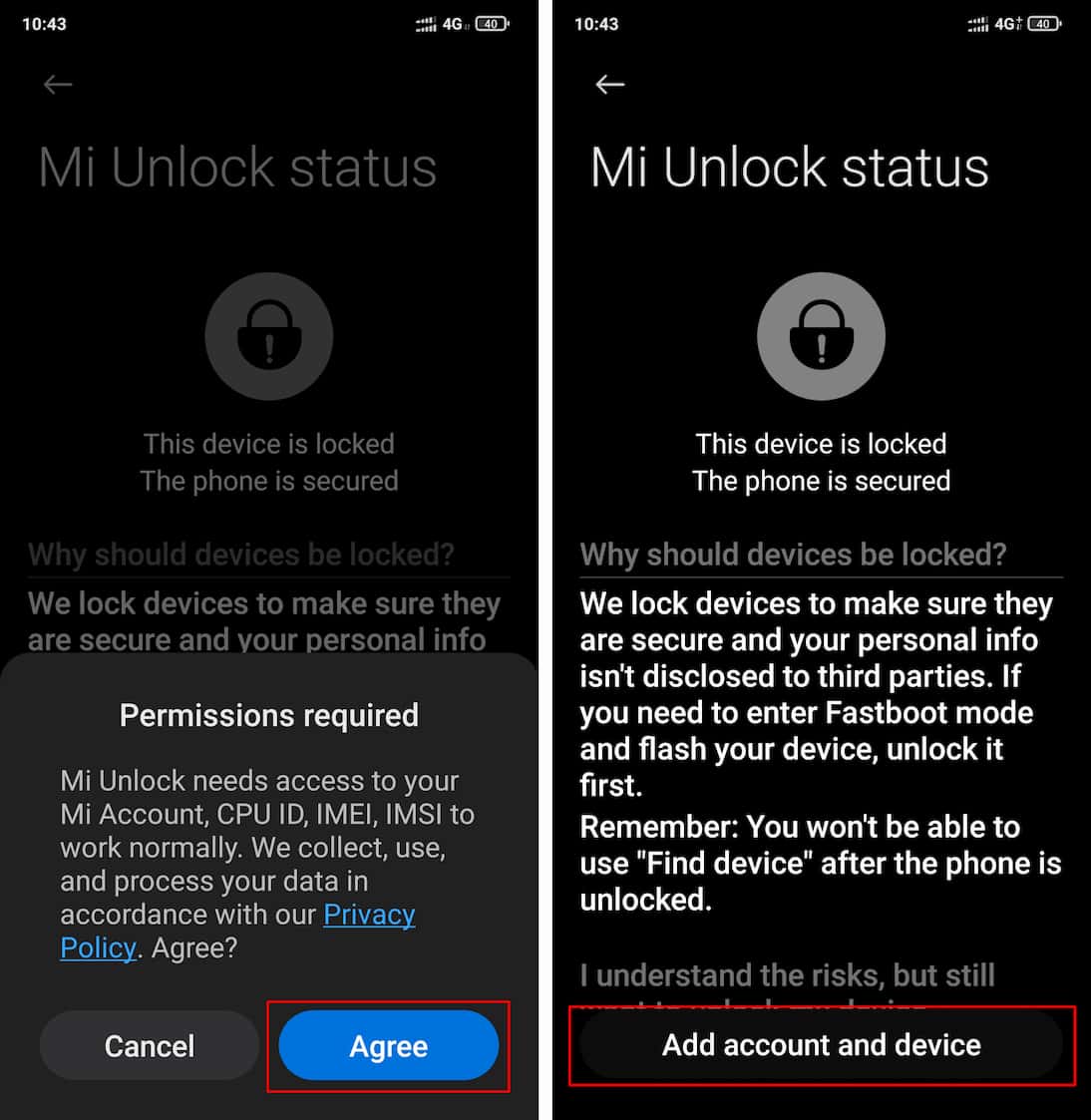 Mi Unlock Status Add account and device