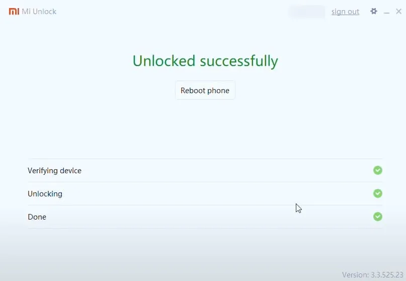 Unofficial Mi unlock tool Unlocked successfully